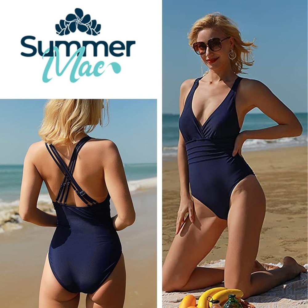 SUMMER MAE V-Neck One Piece Tummy Control Cross Back Swimsuit  NEW WITH …